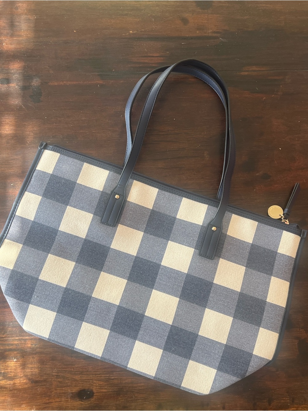 Draper James RSVP Joy Tote Bag Blue White Gingham Gold Tone Hardware Full Zipper